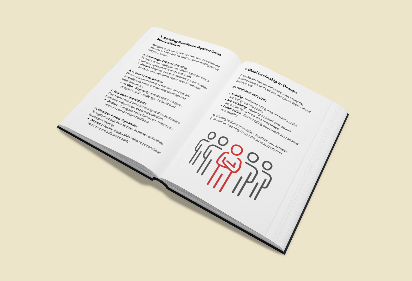 Open e-book featuring control and influence strategies with key points and illustrations