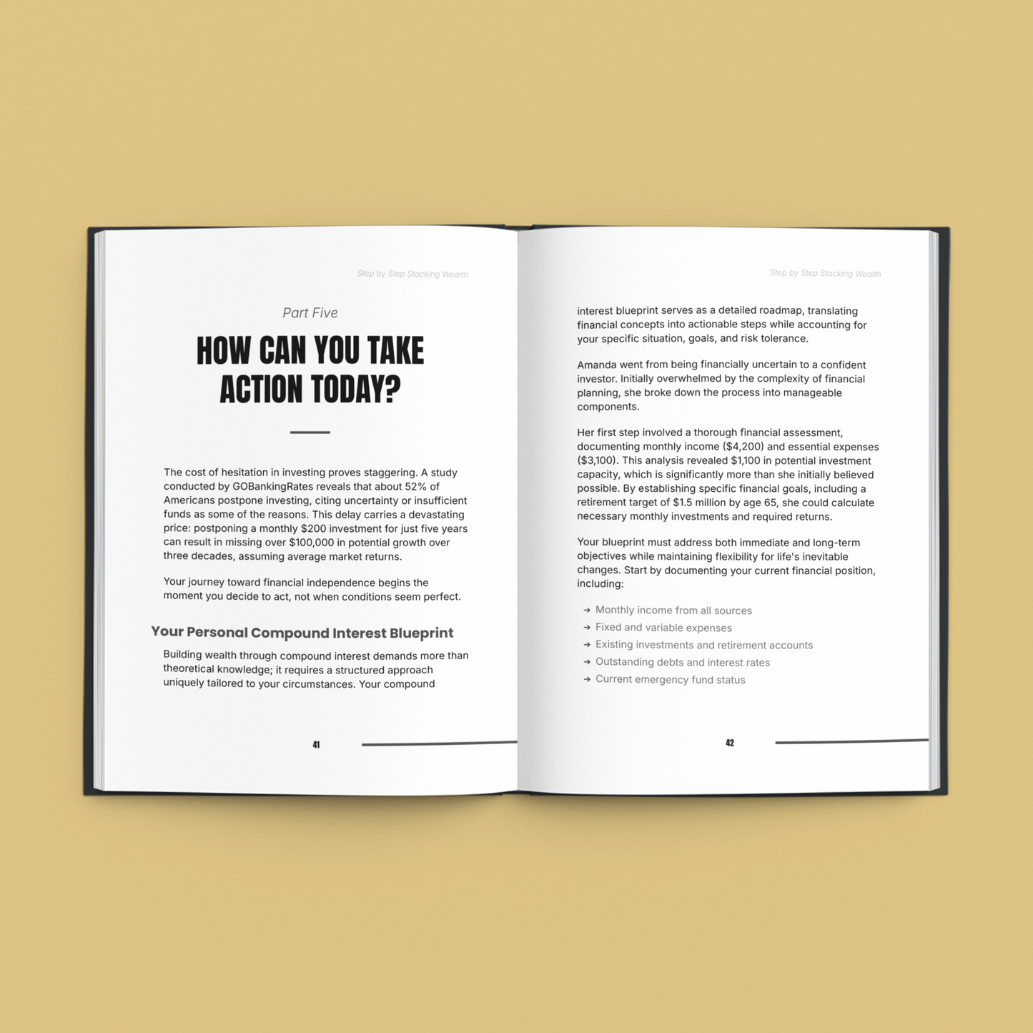 Open E-Book titled 'Financial Freedom Guide' with actionable tips and financial planning strategies