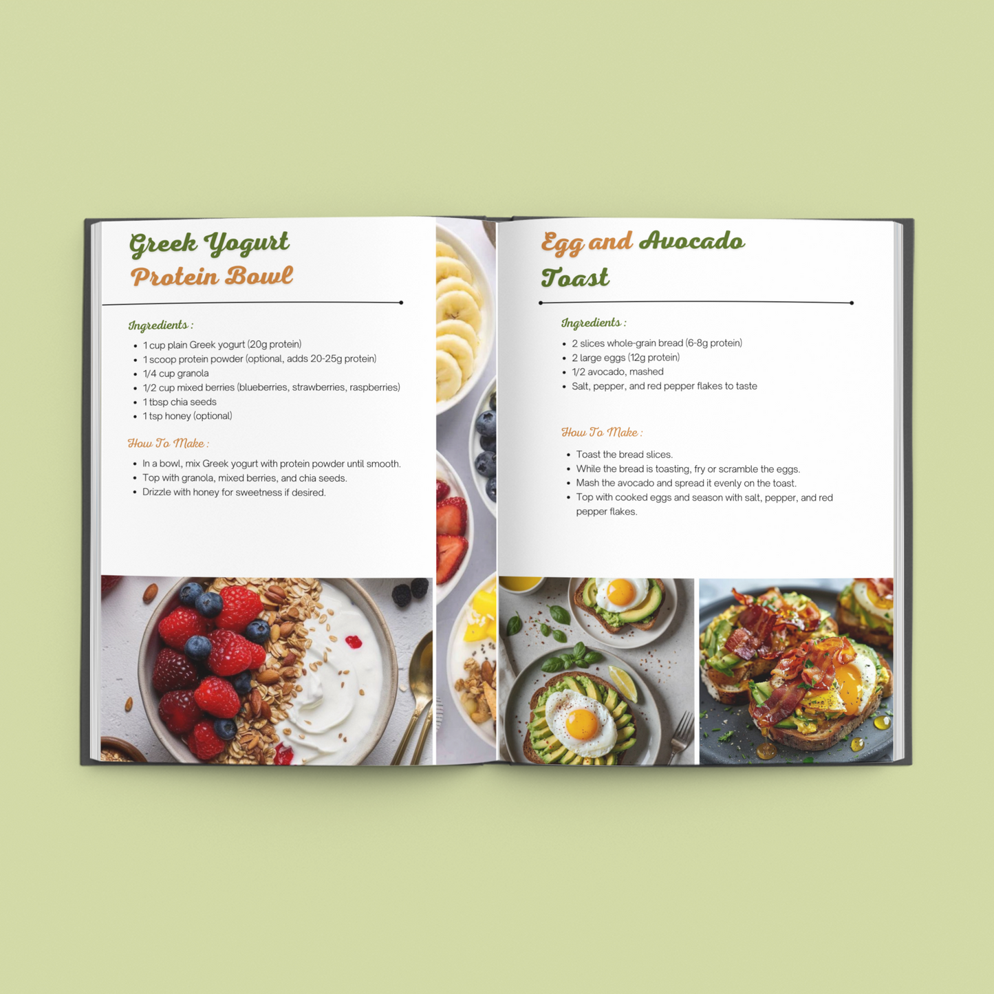 Open cookbook featuring high protein meal recipes, including Greek Yogurt Protein Bowl and Egg Avocado Toast