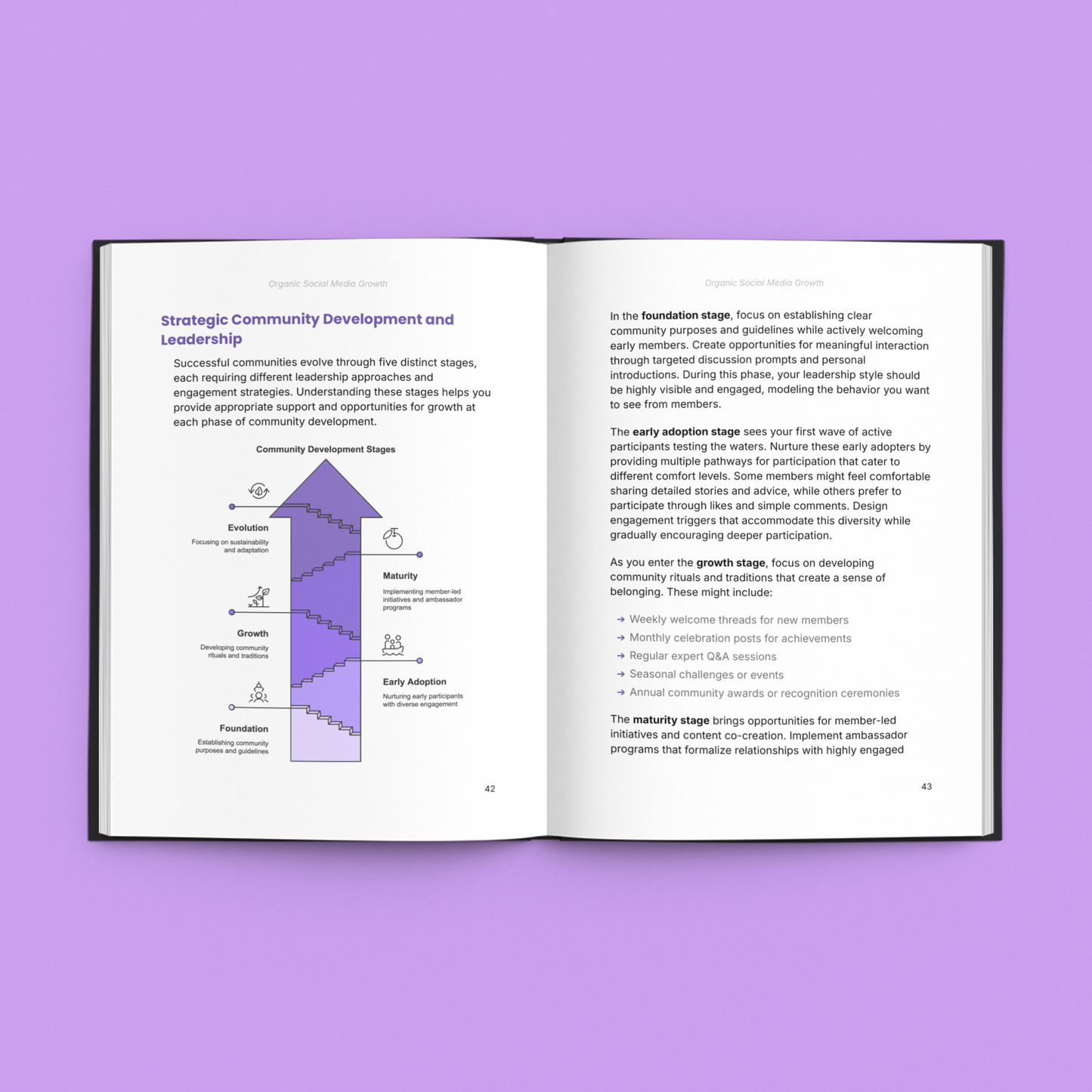 Simplicity E-Book featuring social media growth strategies with illustrated community development stages