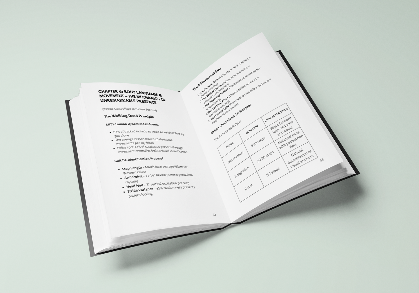 Open E-Book featuring stealth techniques guide with detailed information on movement and principles