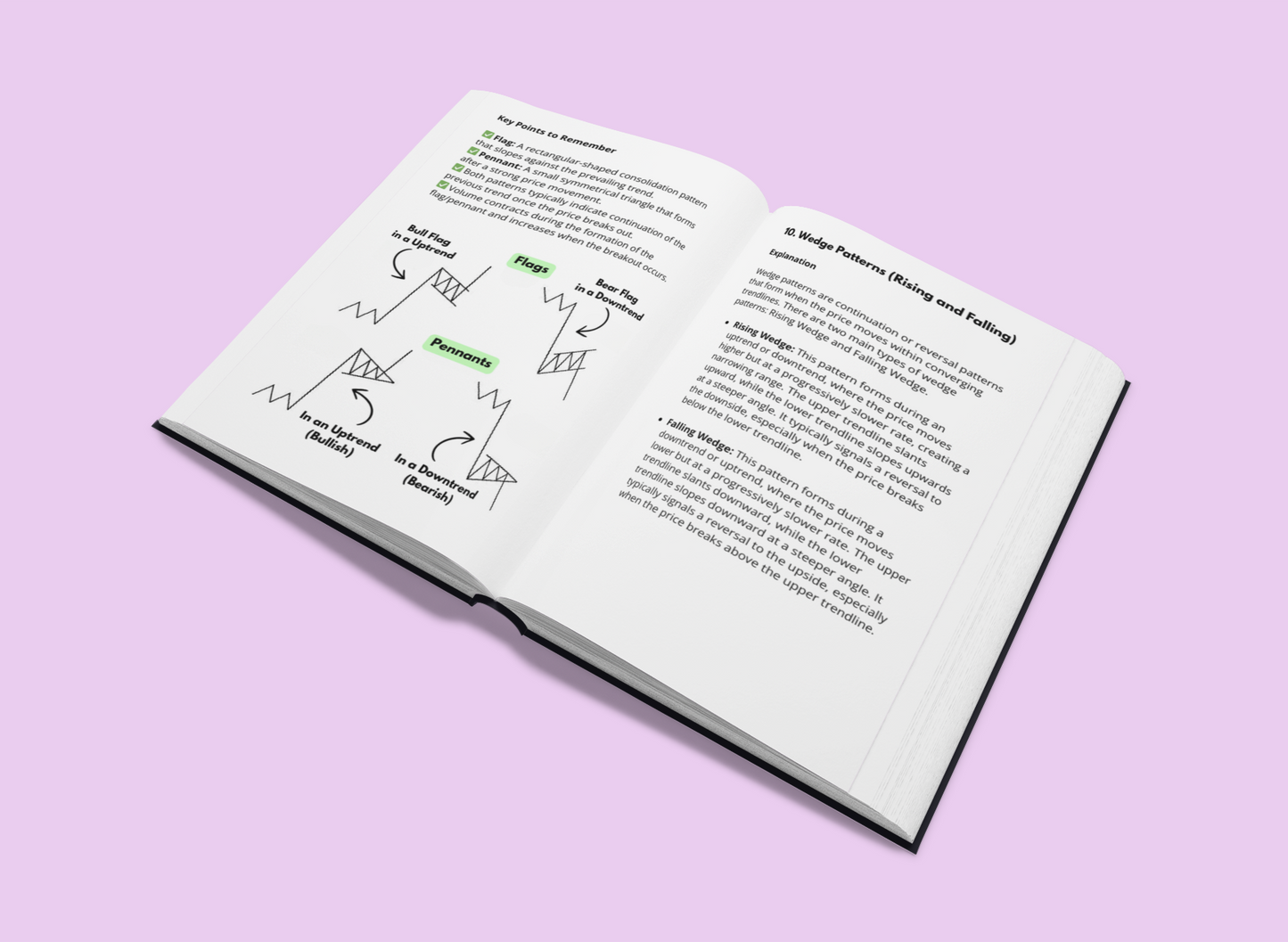 Open e-book on trading strategies featuring diagrams for the consistent profits trading book