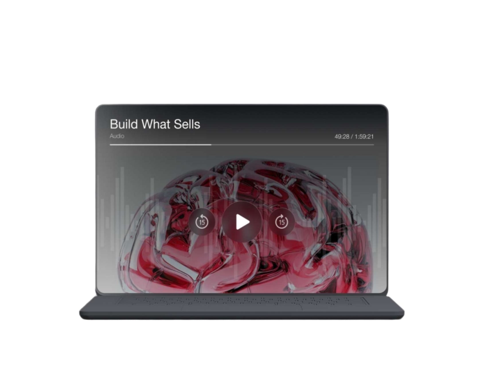 Simplicity Build What Sells course audio on a sleek laptop with a vibrant visual design