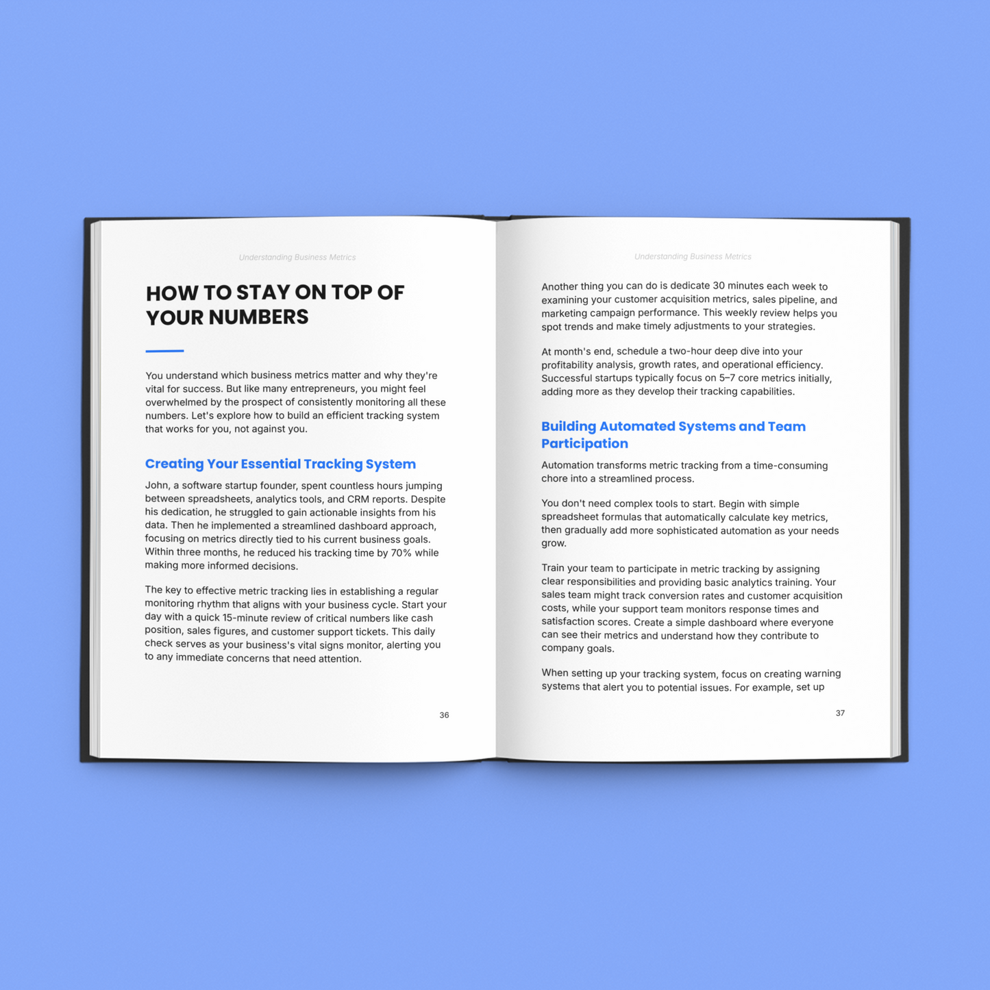 Simplicity business metrics guide E-Book open showing tracking systems and team participation tips