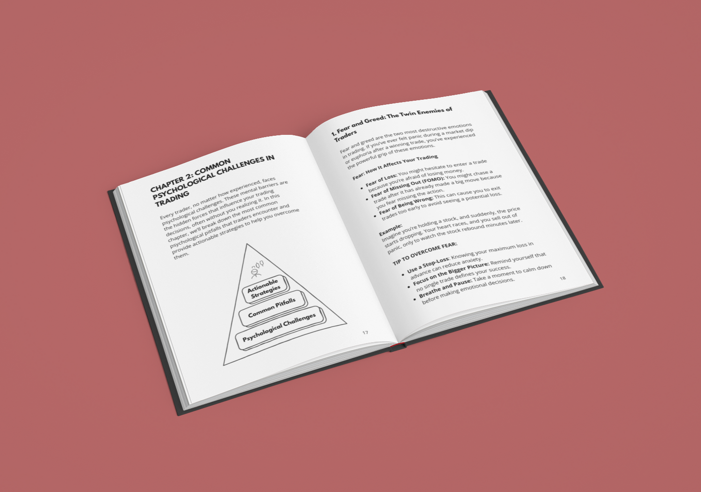 E-Book on strategies to control emotions in trading with visual chapter insights and tips