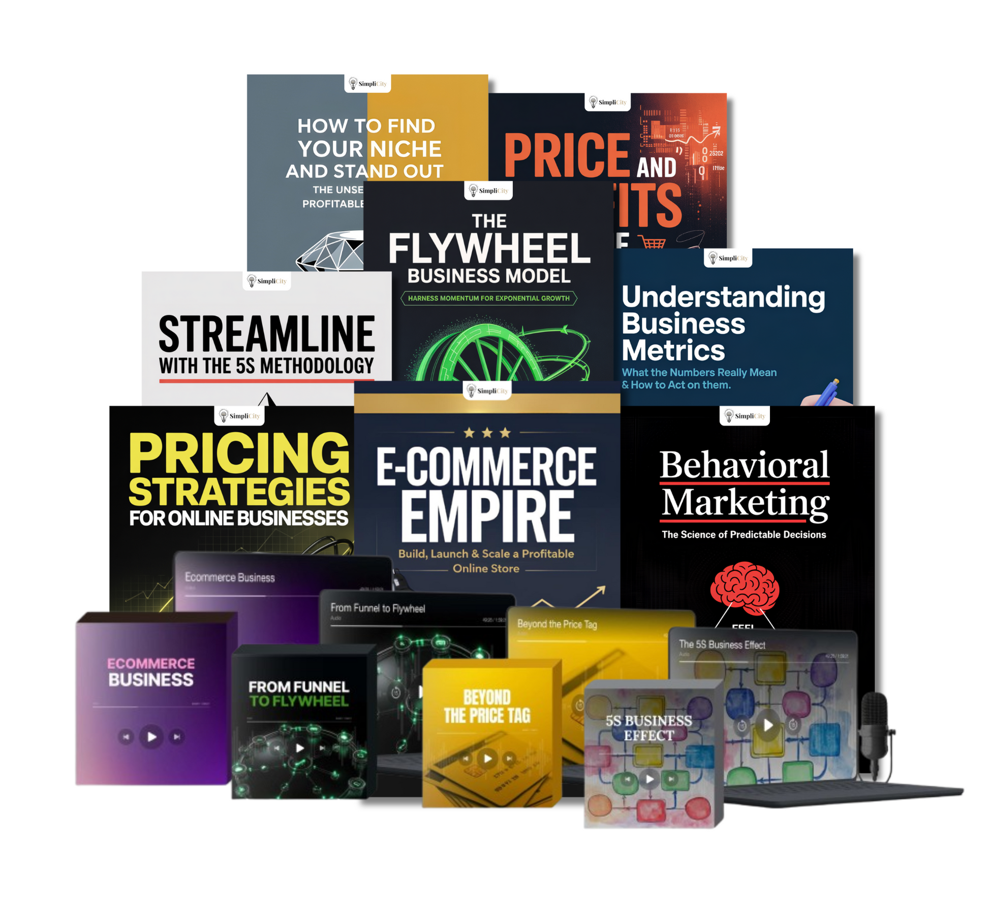 Simplicity Ecommerce Mastery Bundle featuring guides on niche marketing, pricing strategies, and business metrics