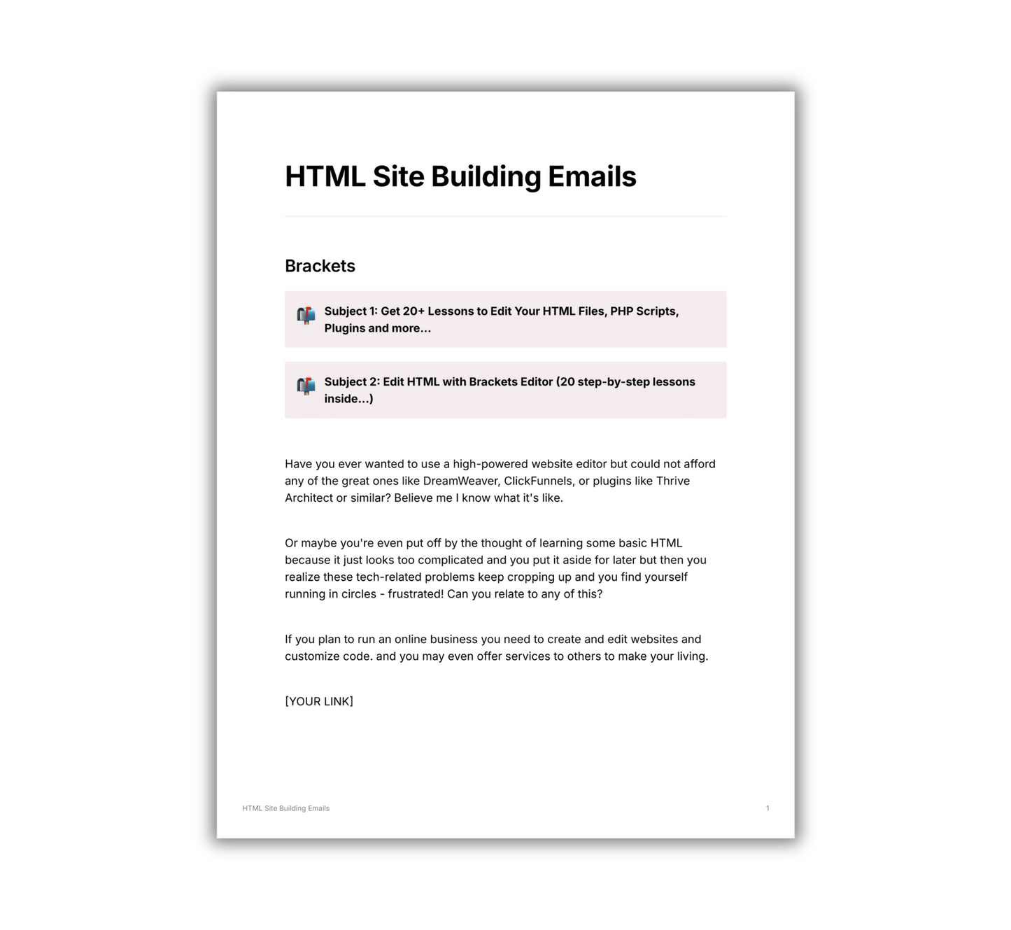 Simplicity email template bundle featuring HTML site building emails and lessons