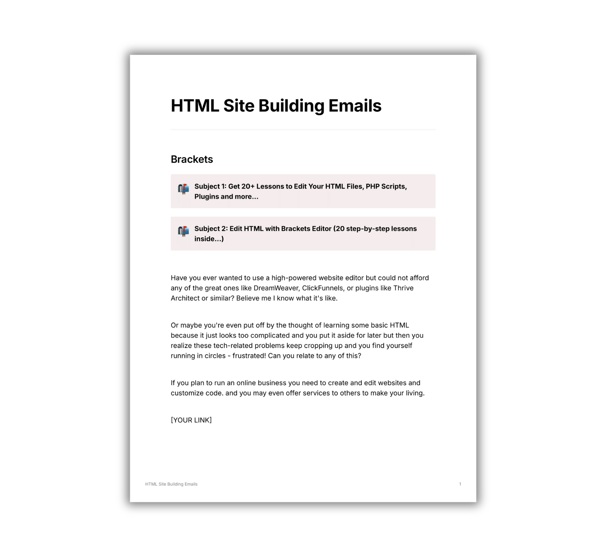 Simplicity email template bundle featuring HTML site building emails and lessons
