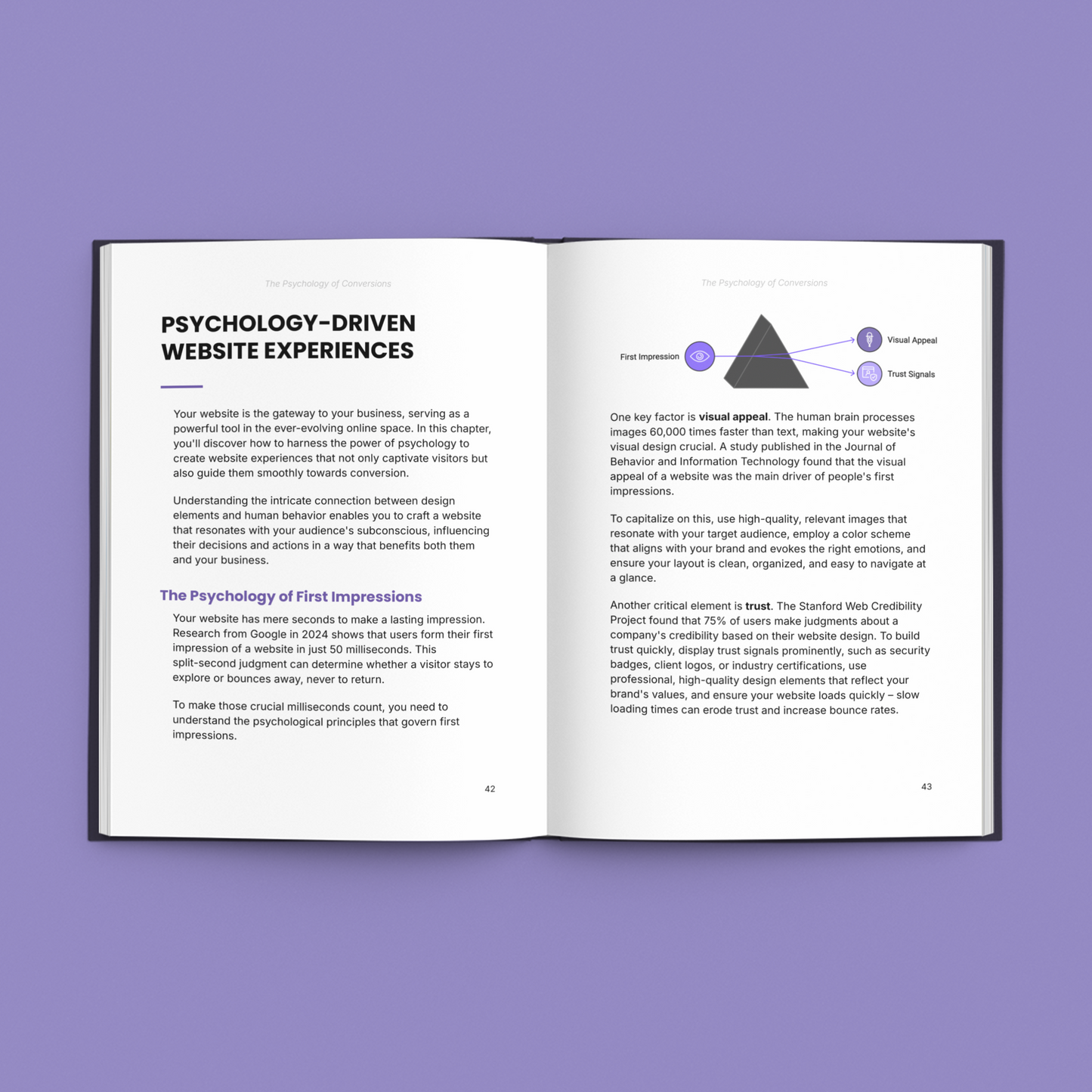 Simplicity E-Book on increasing website conversions guide displaying open pages with text and graphics