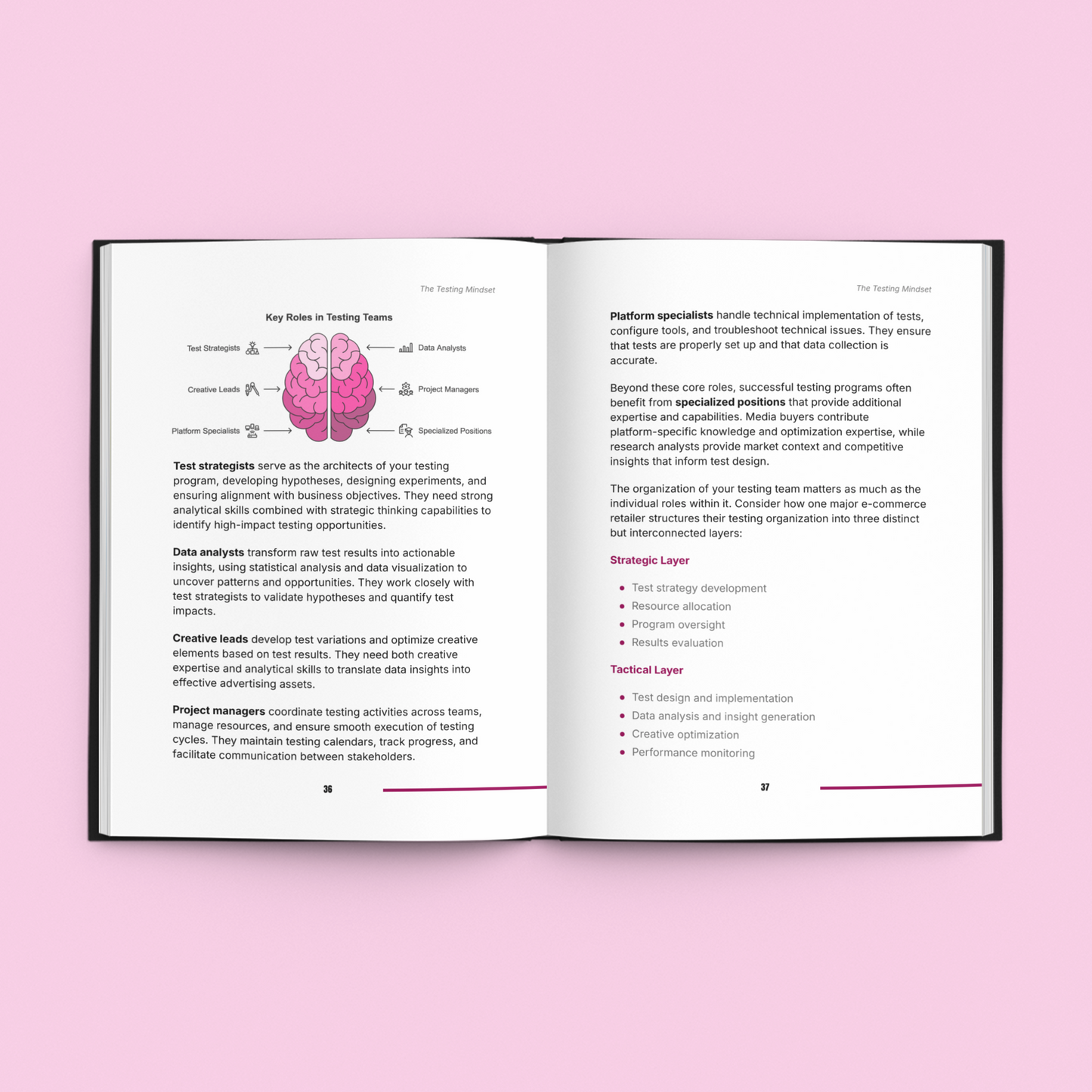 Open E-Book featuring AB testing strategies guide with visual diagrams and key strategies for effective testing