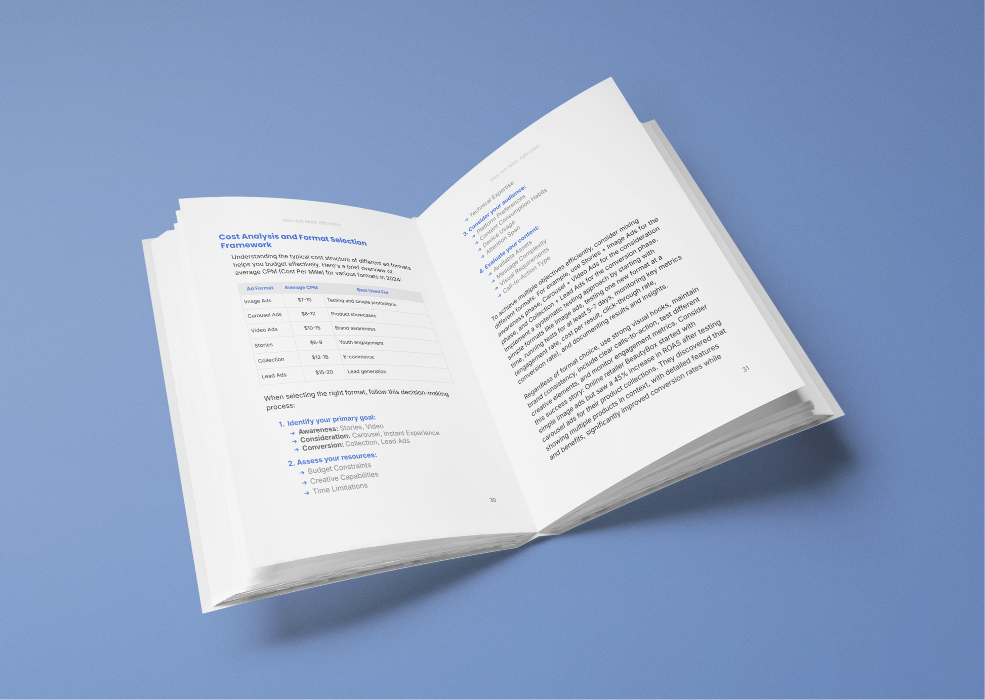 Open e-book by Simplicity featuring Meta ads budget strategies and detailed analysis tables