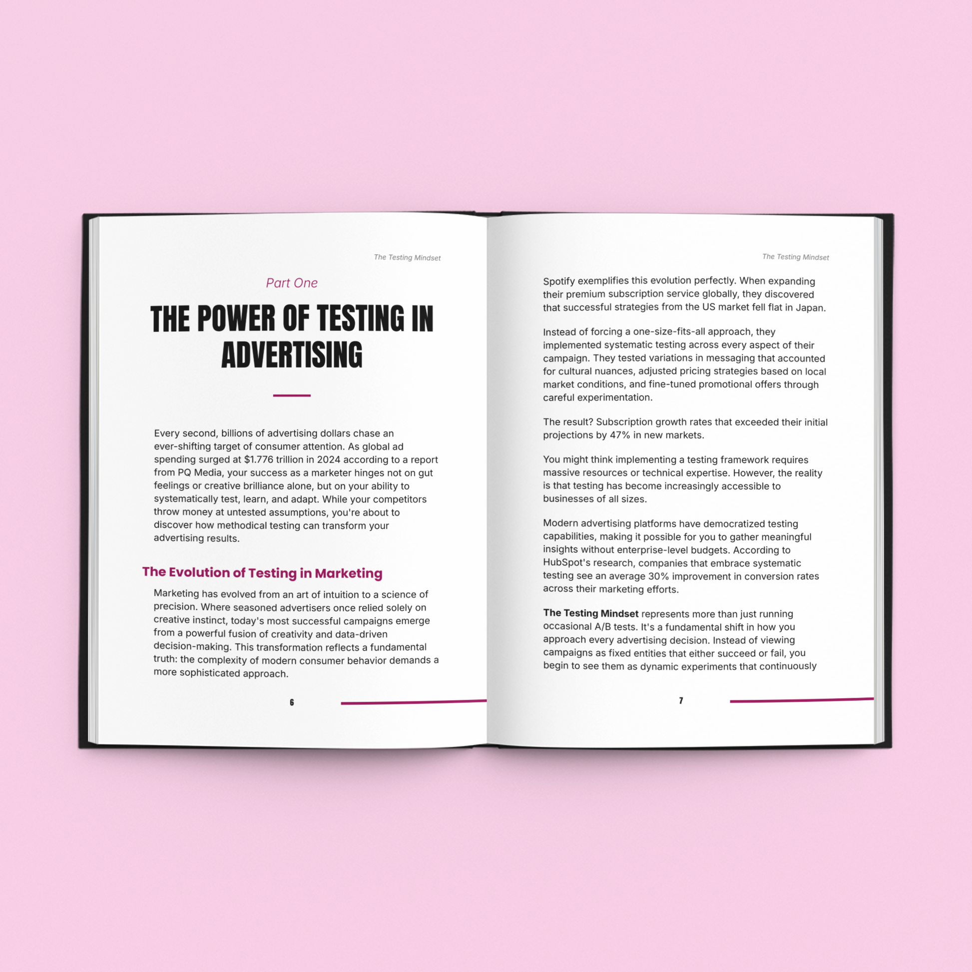 Simplicity E-Book featuring AB testing strategies guide with open pages displaying key concepts
