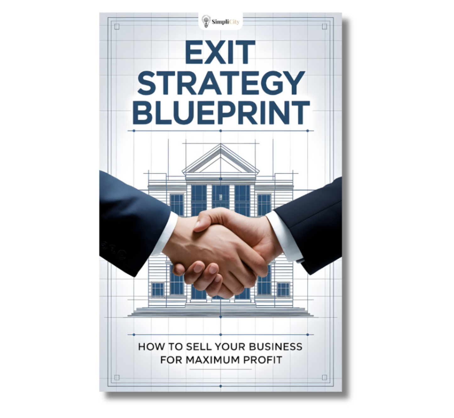 Exit Strategy Blueprint E-Book Cover featuring handshake and title on how to sell your business guide