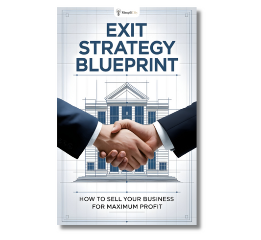 Exit Strategy Blueprint E-Book Cover featuring handshake and title on how to sell your business guide