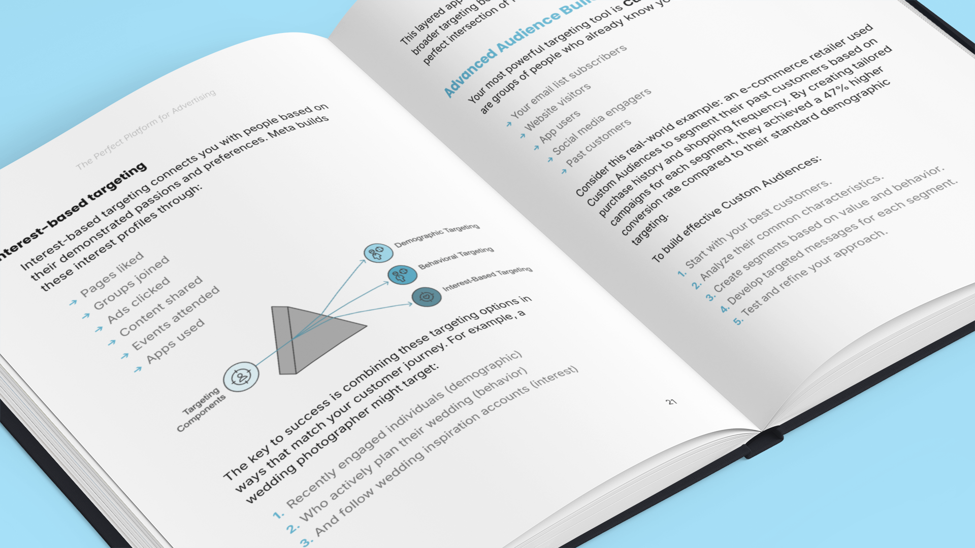 Simplicity advertising platform course e-book page showing targeting strategies and audience building techniques