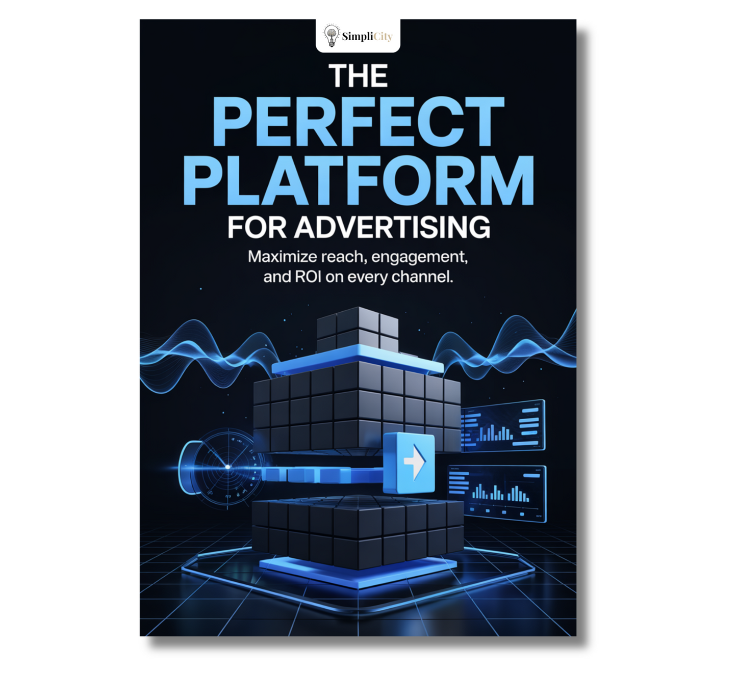 E-Book cover titled The Perfect Platform for Advertising featuring graphs and digital elements for the advertising platform course