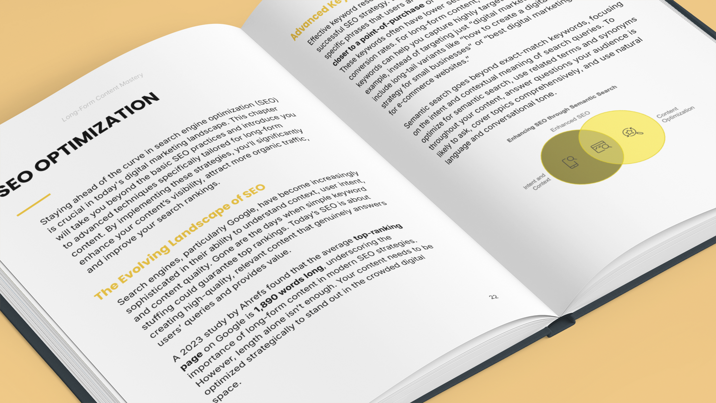 Simplicity content creation mastery guide e-book opened to a page about SEO optimization