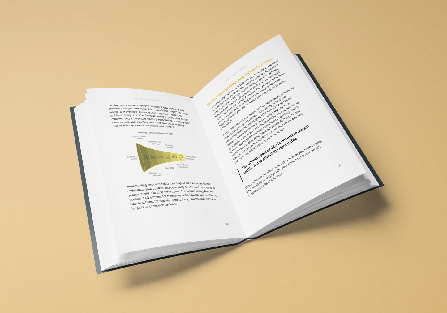 Open e-book showcasing the content creation mastery guide with informative text and diagrams