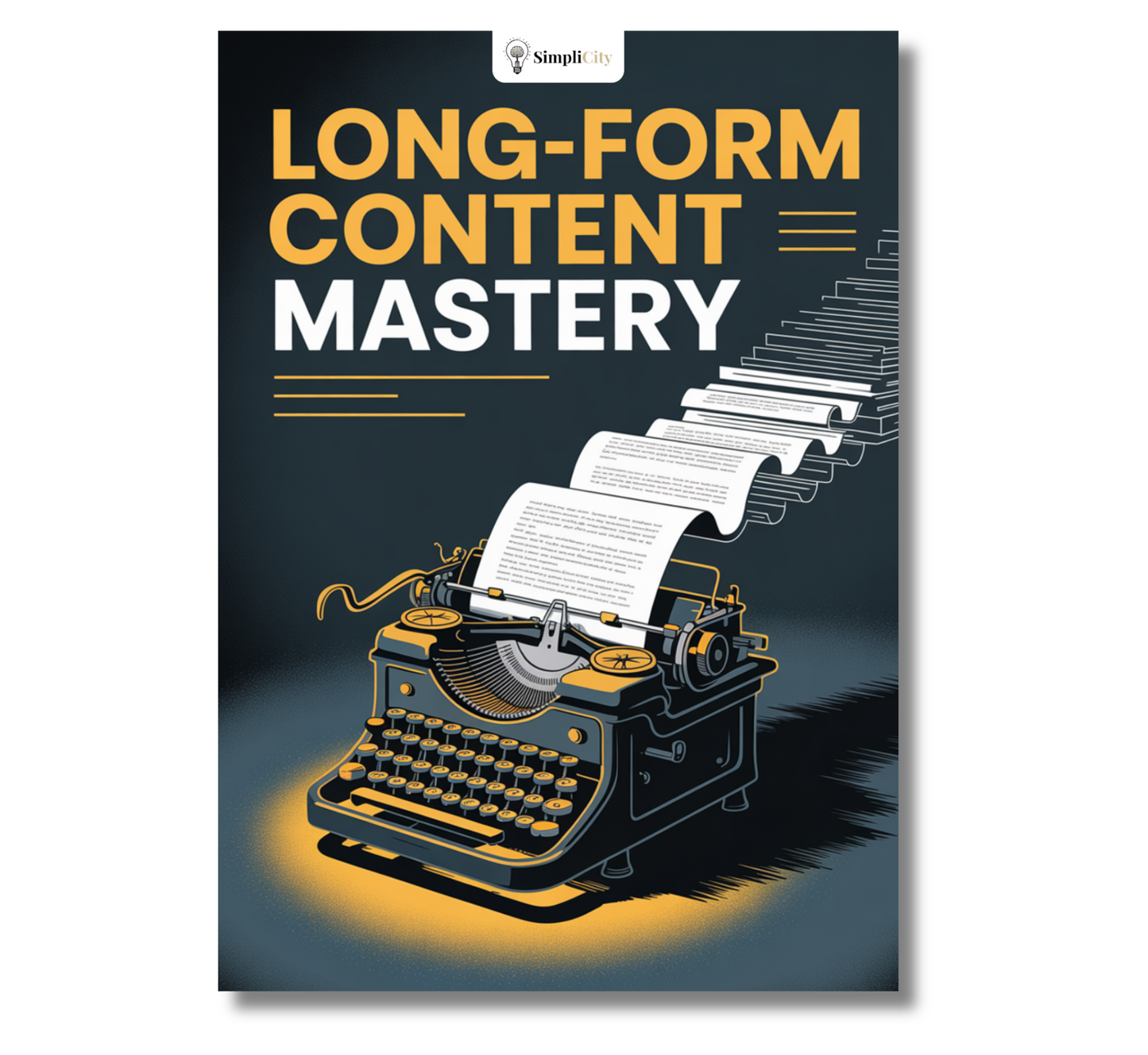 Simplicity Long-Form Content Mastery E-Book Cover Featuring a Vintage Typewriter and Flowing Pages