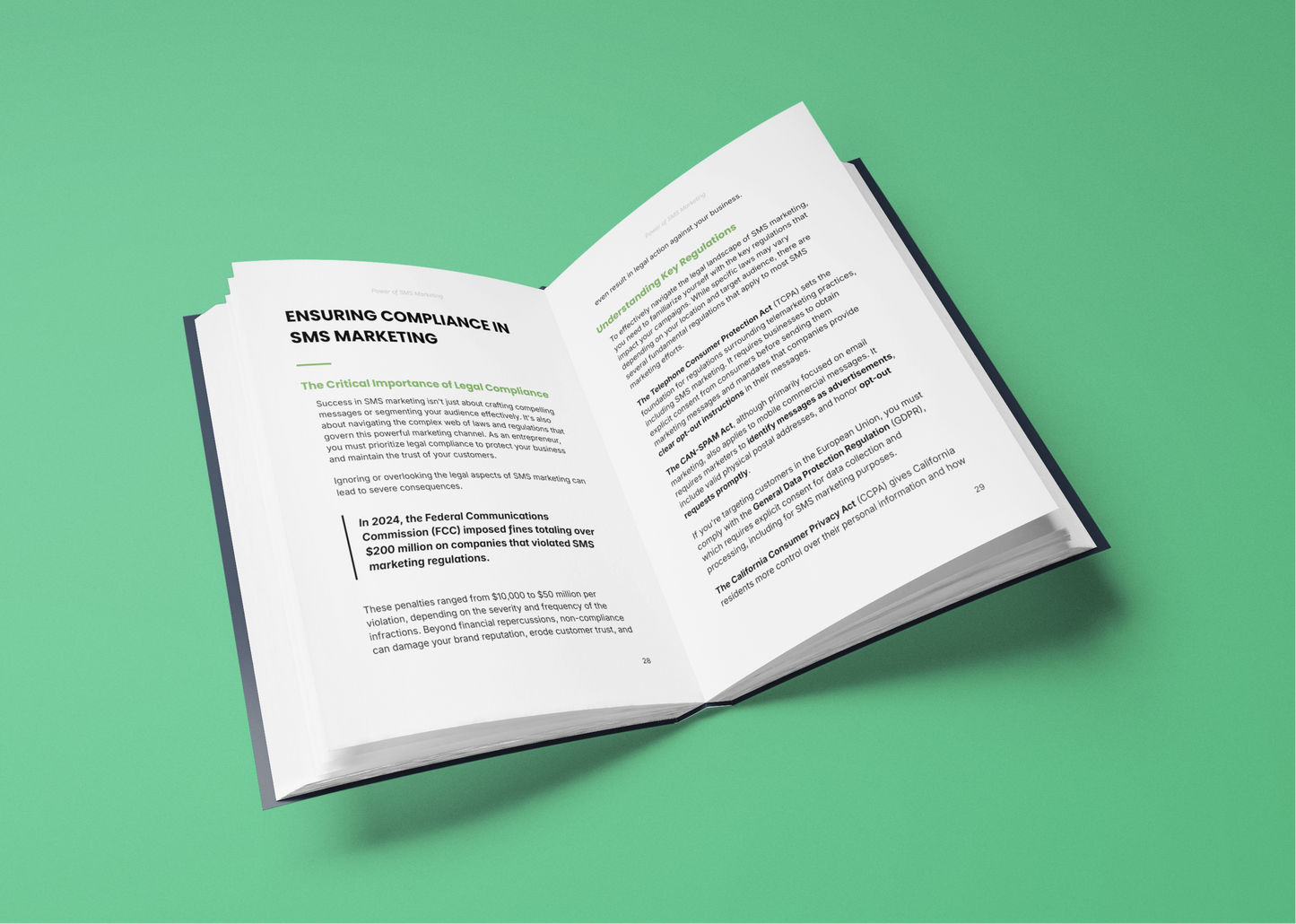 Open e-book titled 'Effective SMS Campaigns Guide' showcasing SMS marketing compliance tips