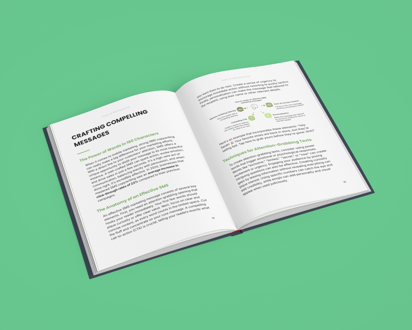 Open E-Book on effective SMS campaigns guide with tips for crafting compelling messages