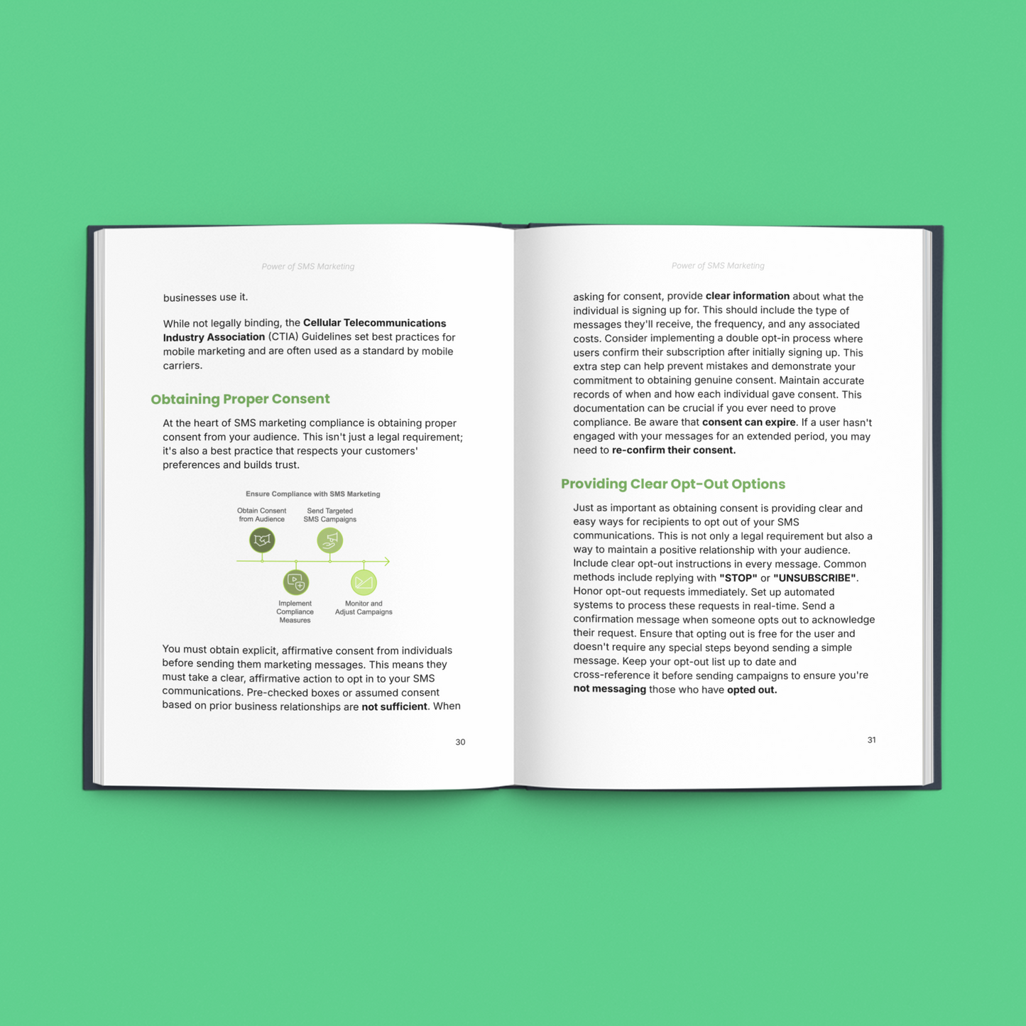 Open e-book on effective SMS campaigns guide showing compliance and consent information