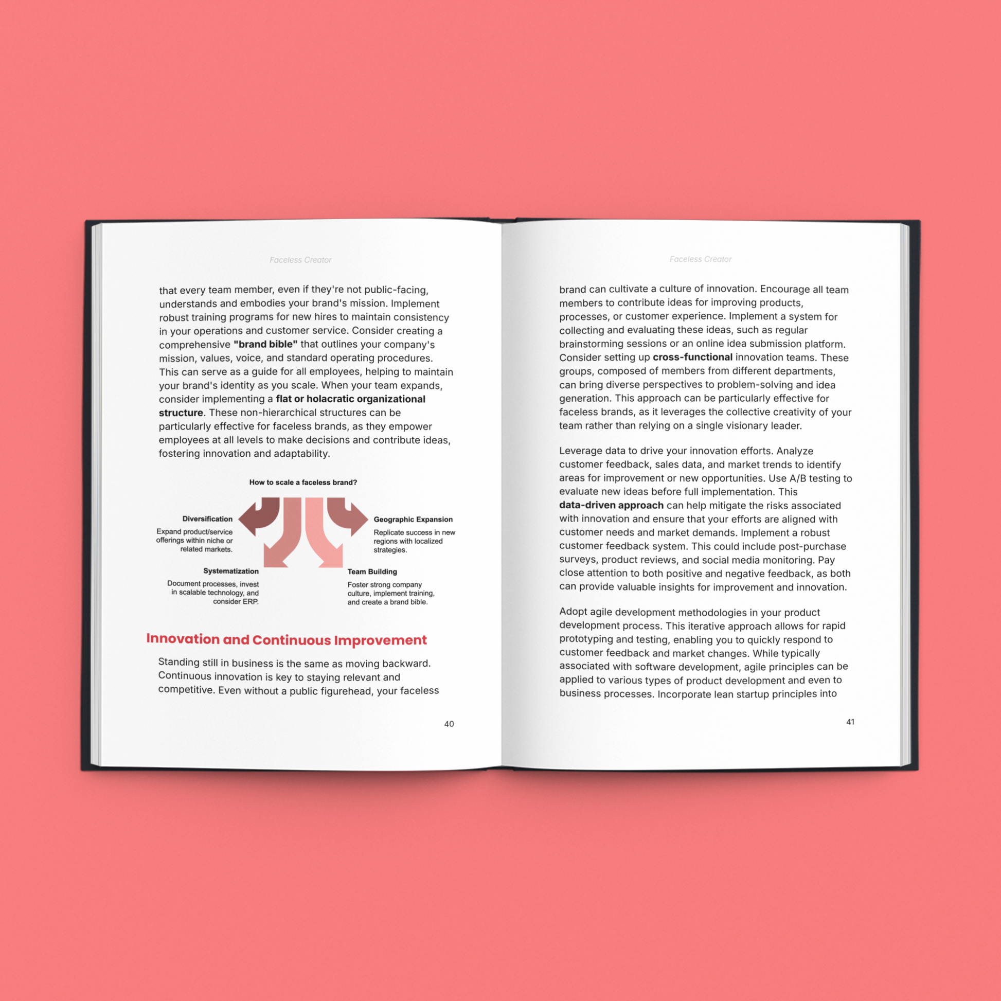 Open Simplicity faceless creator ebook showcasing pages on innovation and team collaboration strategies