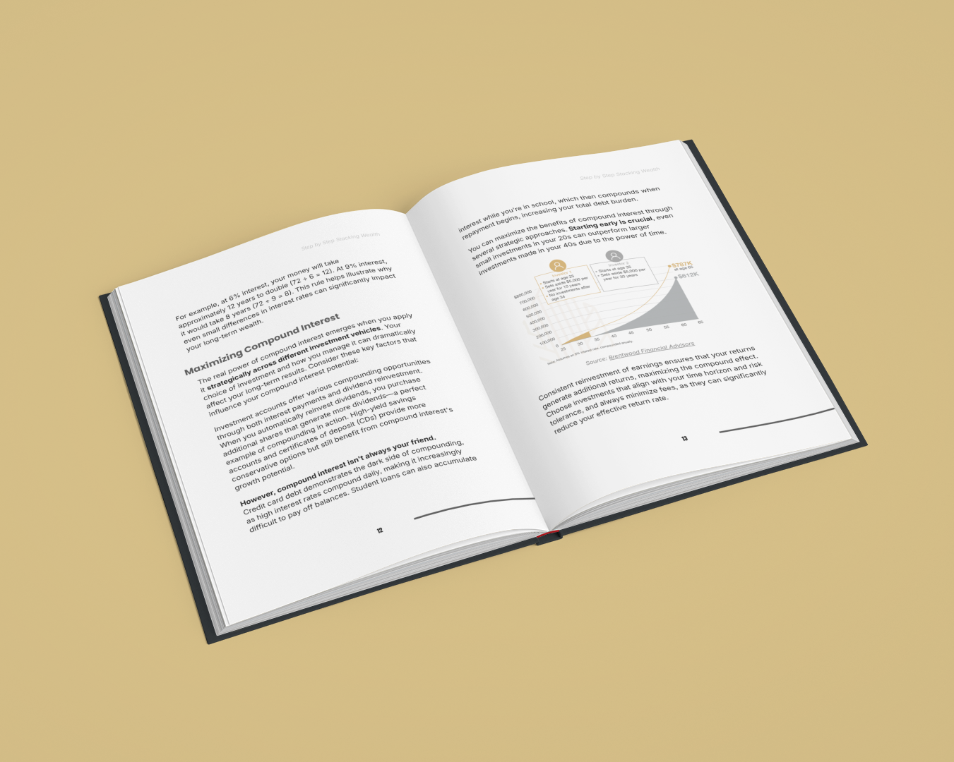 Simplicity E-Book Open Displaying Financial Freedom Guide with Illustrative Graphs and Text