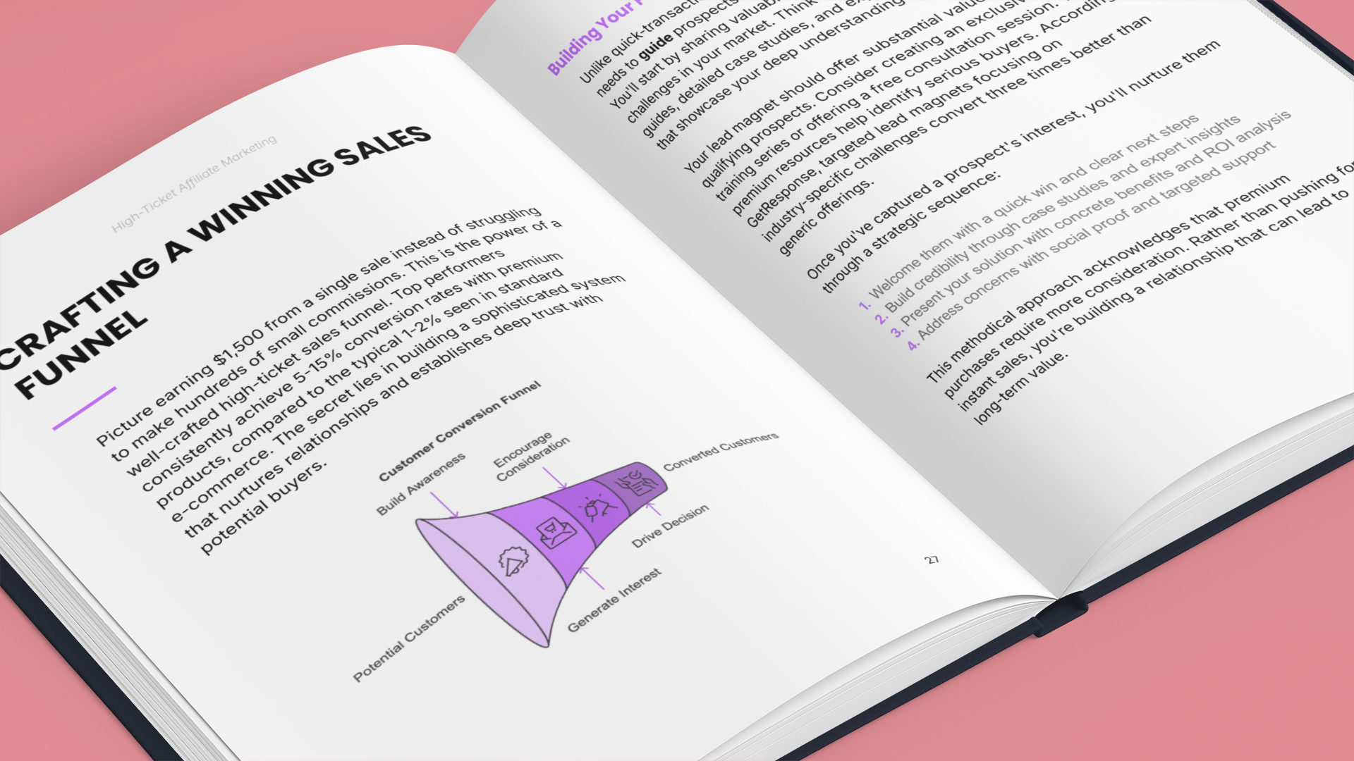 High-Ticket Affiliate Marketing Guide E-Book showcasing sales funnel strategies and tips for success