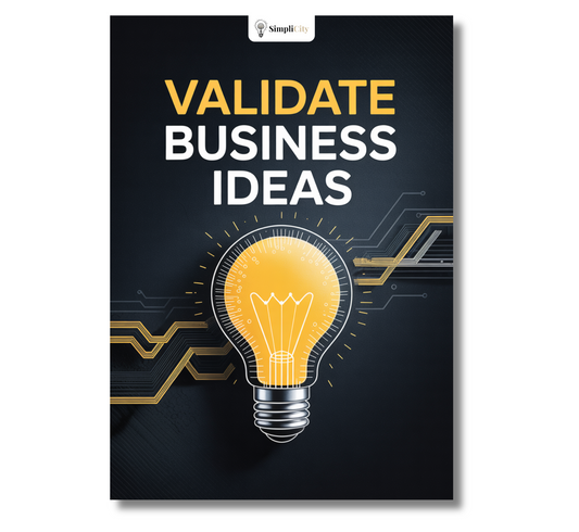 Simplicity E-Book cover on how to validate a startup idea with a lightbulb graphic