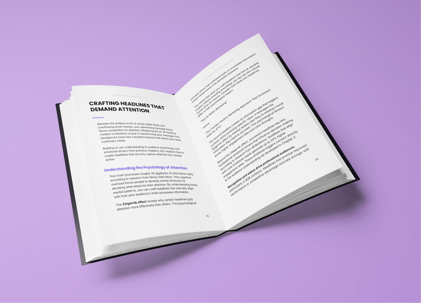 Simplicity E-Book on learn copywriting for conversions with open pages highlighting key concepts