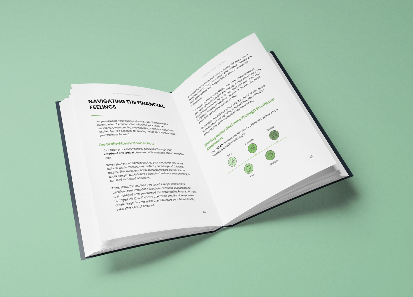 Open Simplicity money psychology ebook showing pages on financial feelings and brain connection