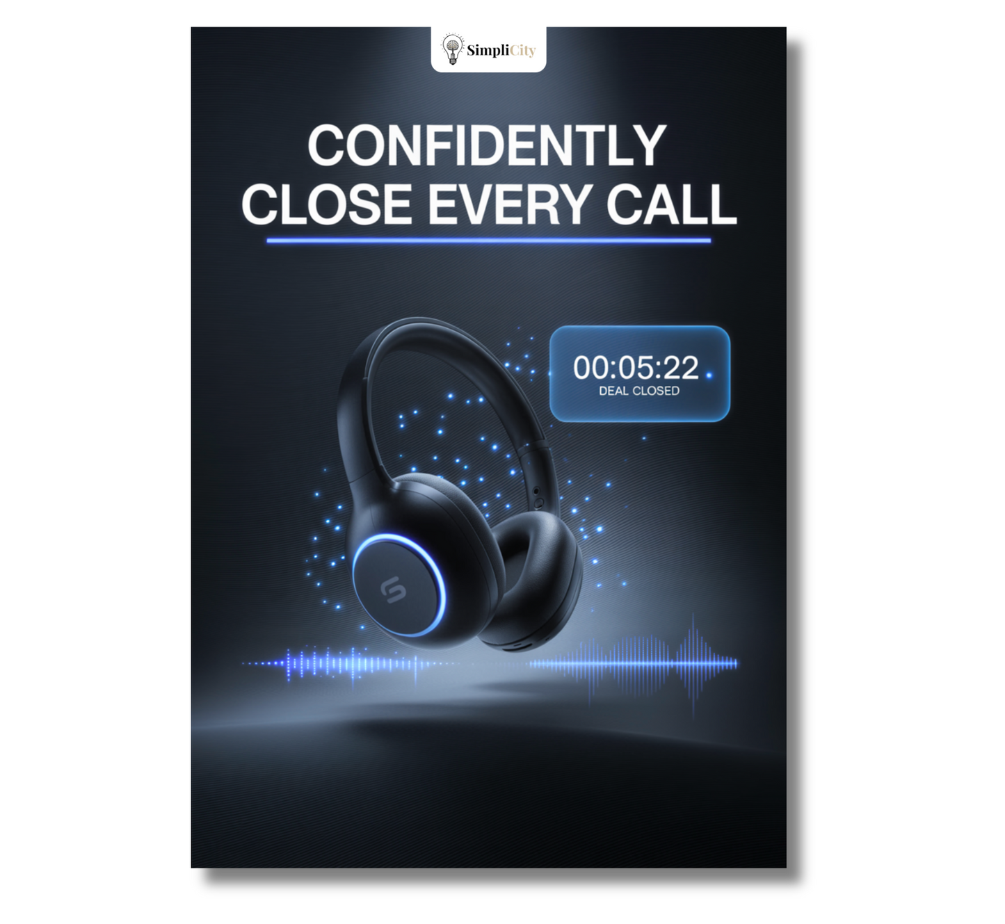 E-Book on sales closing techniques course featuring a headset and a timer for tracking deals closed