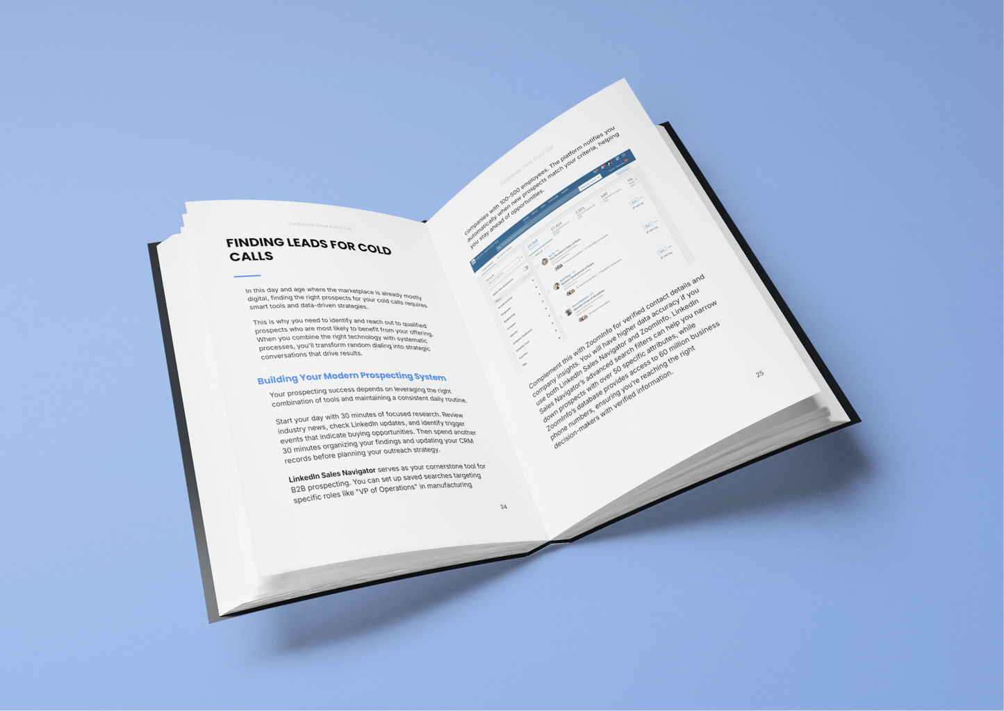 Simplicity E-Book open to a page about sales closing techniques course with tips on finding leads