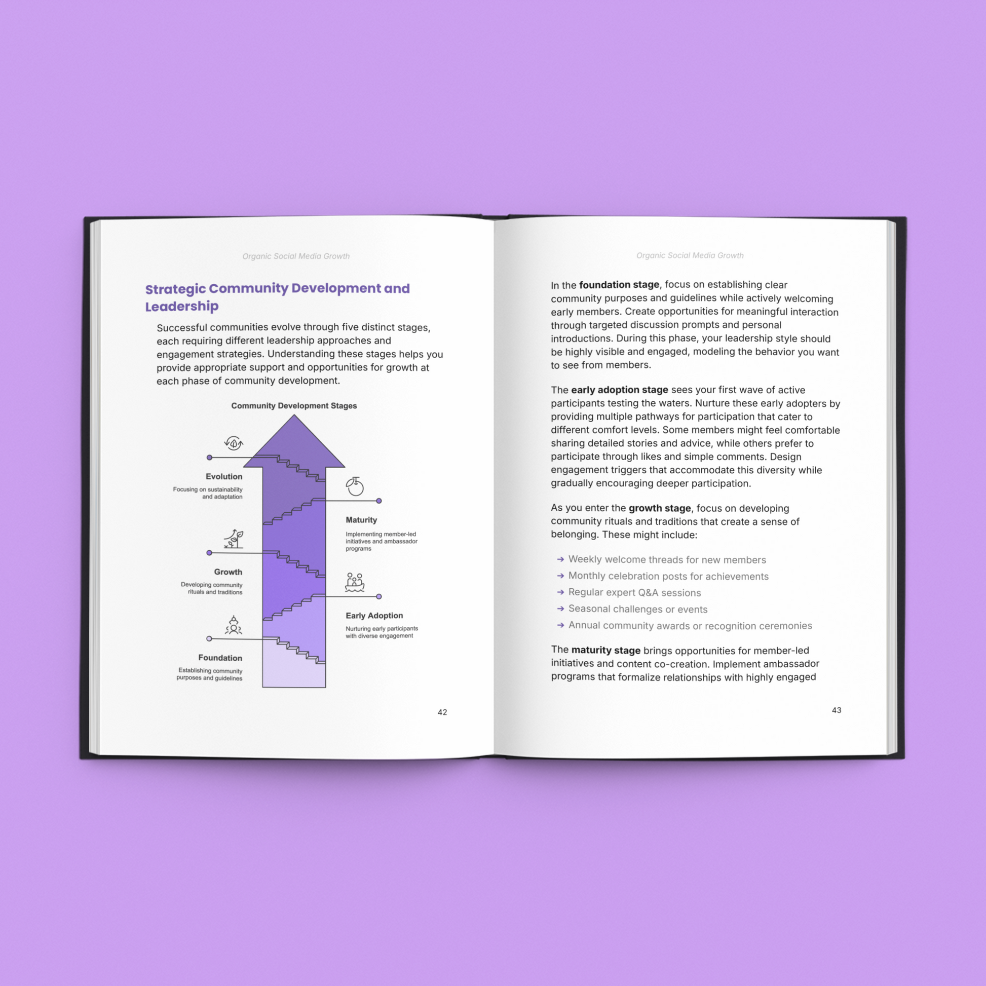 Simplicity E-Book featuring social media growth strategies with illustrated community development stages