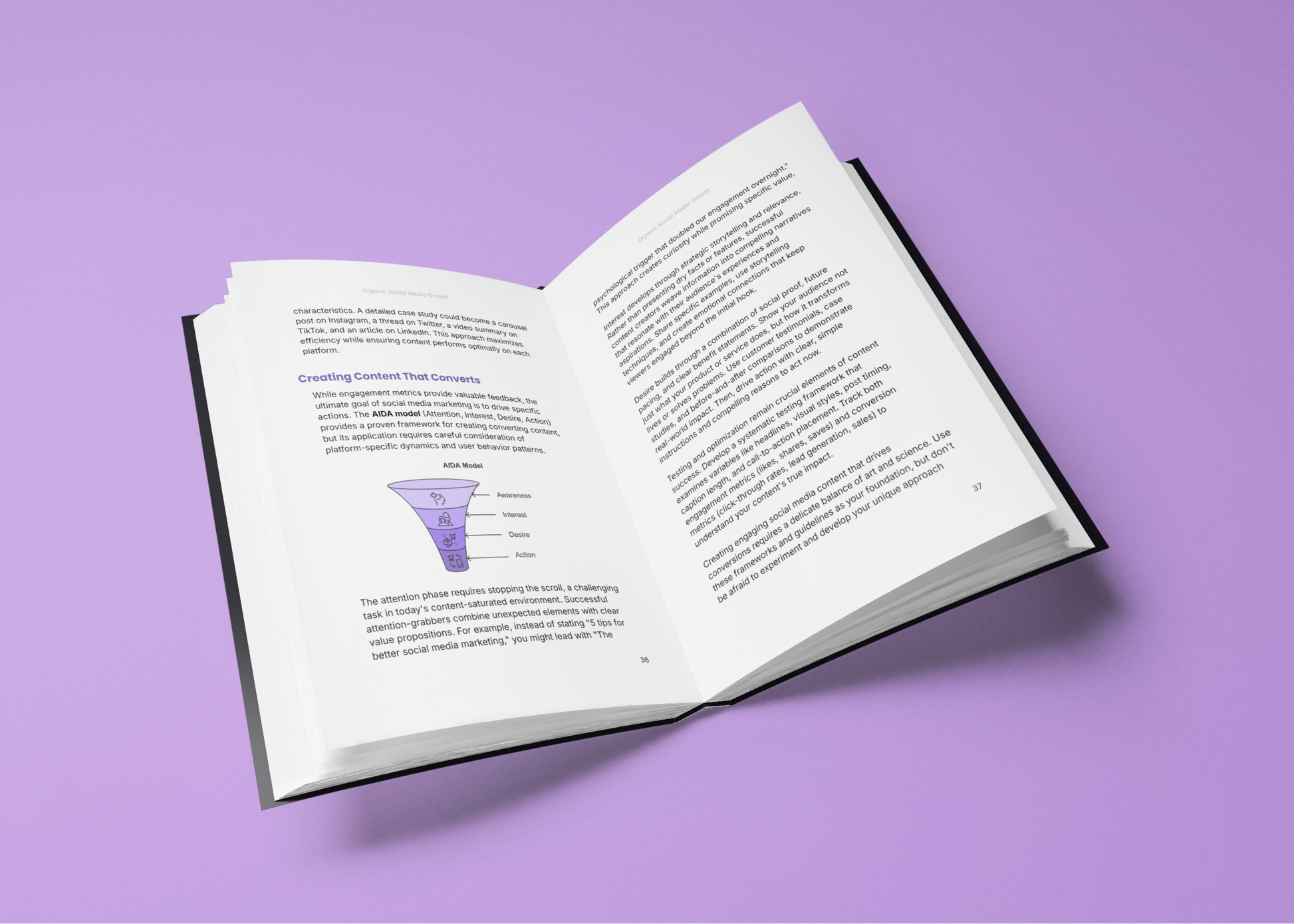 Simplicity E-Book on social media growth strategies with open pages showing content diagram