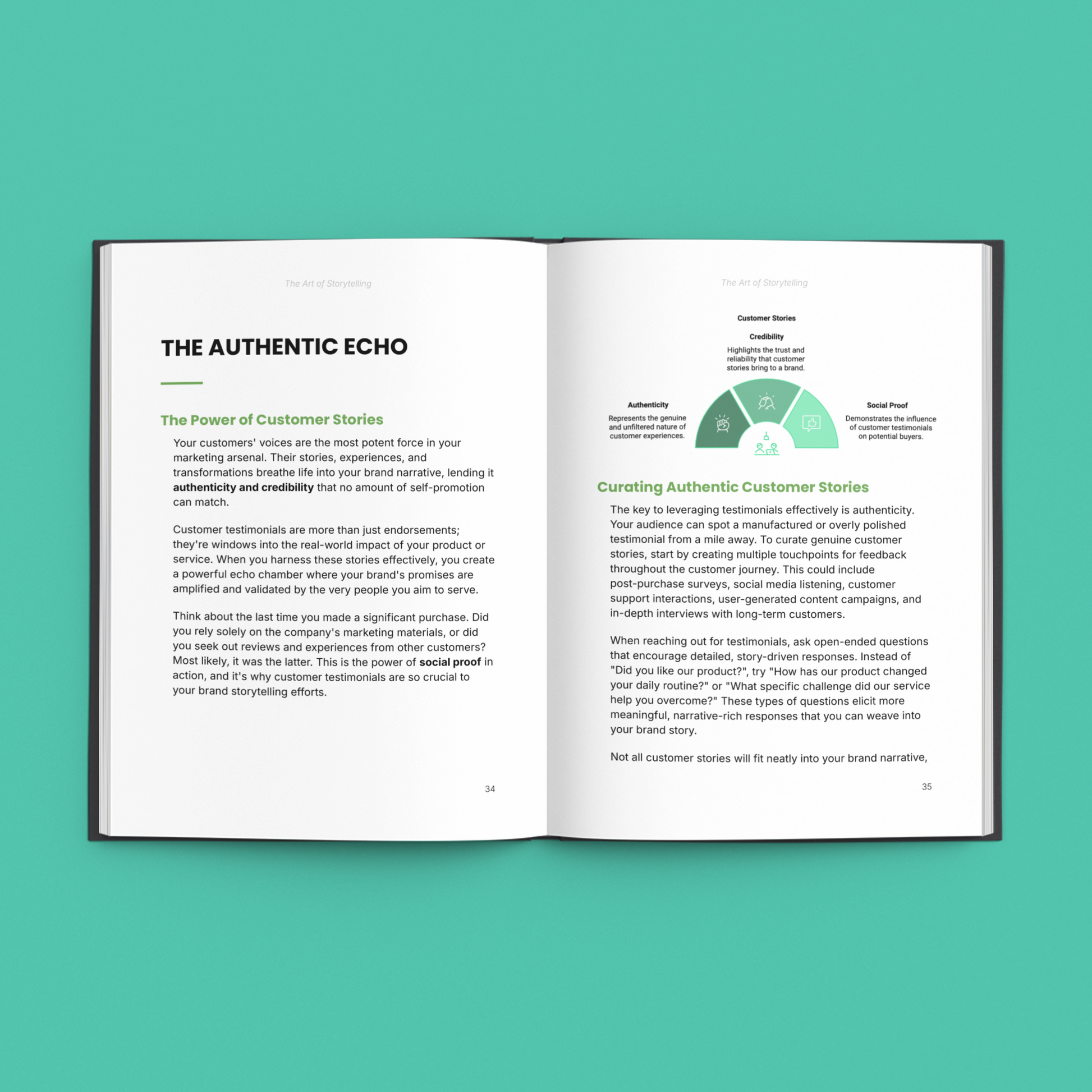 Open e-Book on storytelling techniques course showcasing customer story strategies and insights