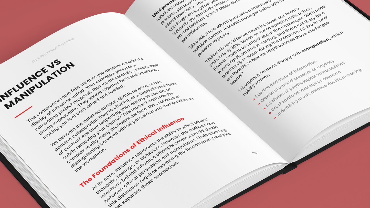 Simplicity E-Book on understanding dark psychology with pages discussing influence vs manipulation