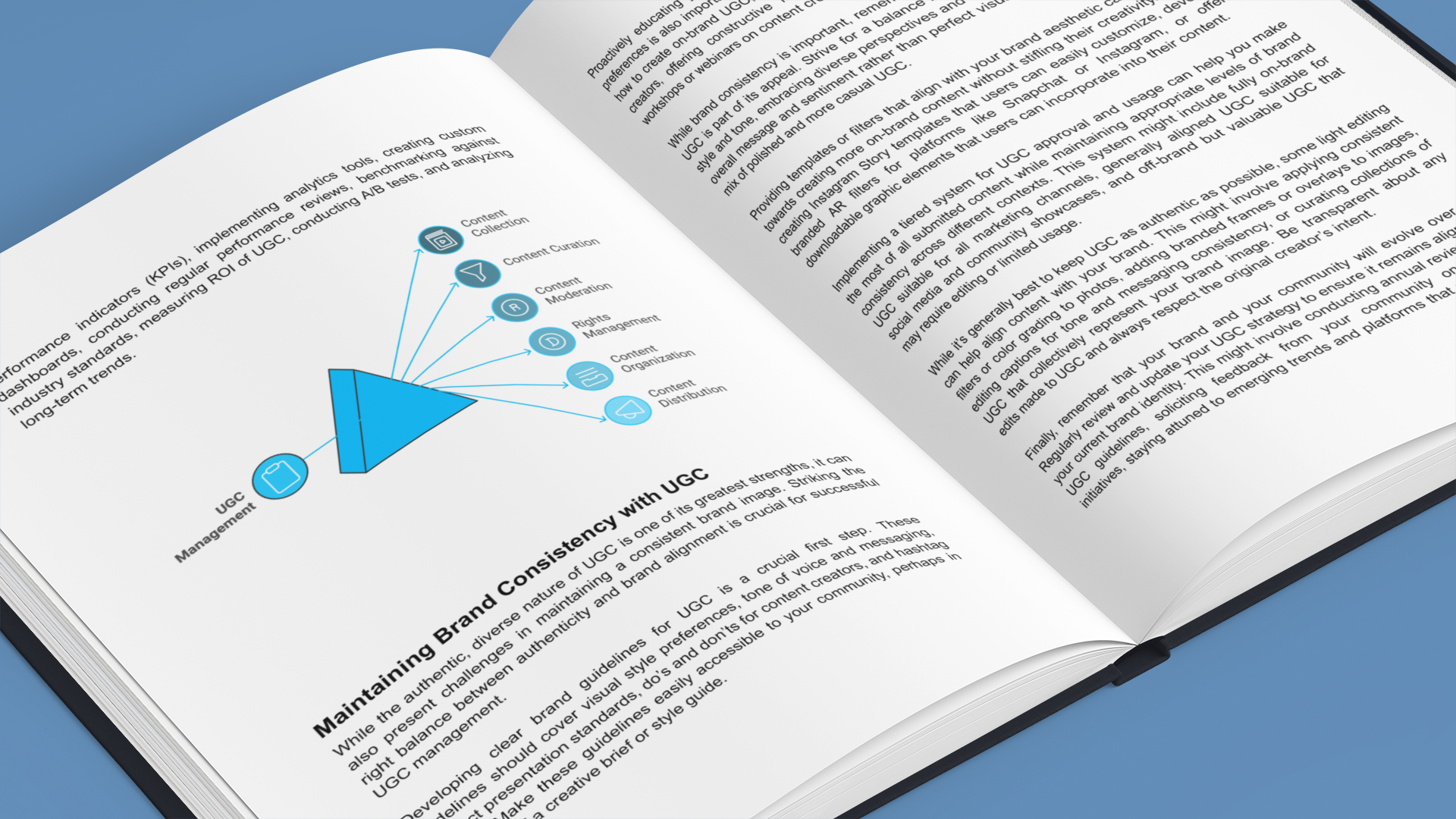 Open E-Book on user-generated content strategies with detailed diagrams and text for effective brand engagement