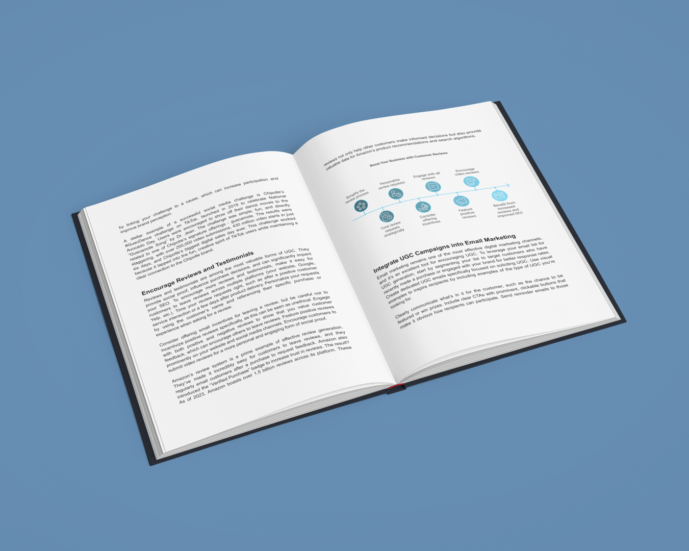 Simplicity E-Book on user-generated content strategies with open pages showing marketing insights