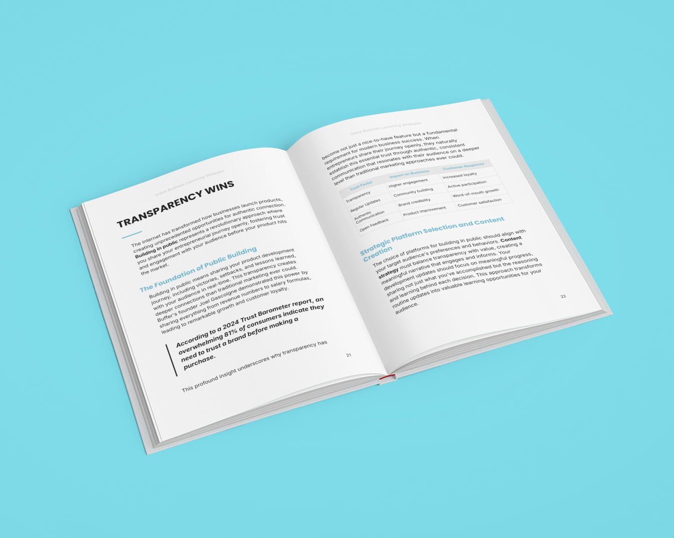 Open e-book on business launching strategies course with clear text and blue background