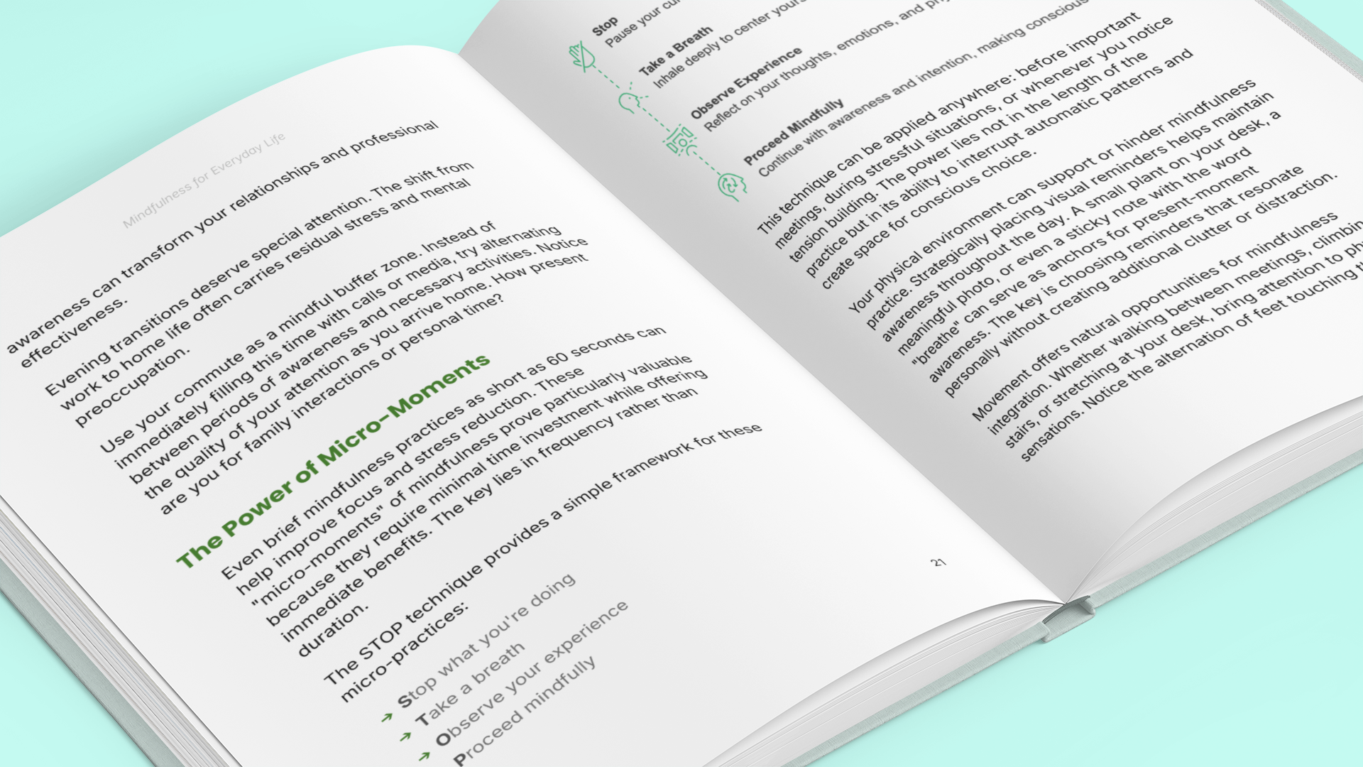 Simplicity E-Book showcasing techniques for a daily mindfulness practice with open pages and green text