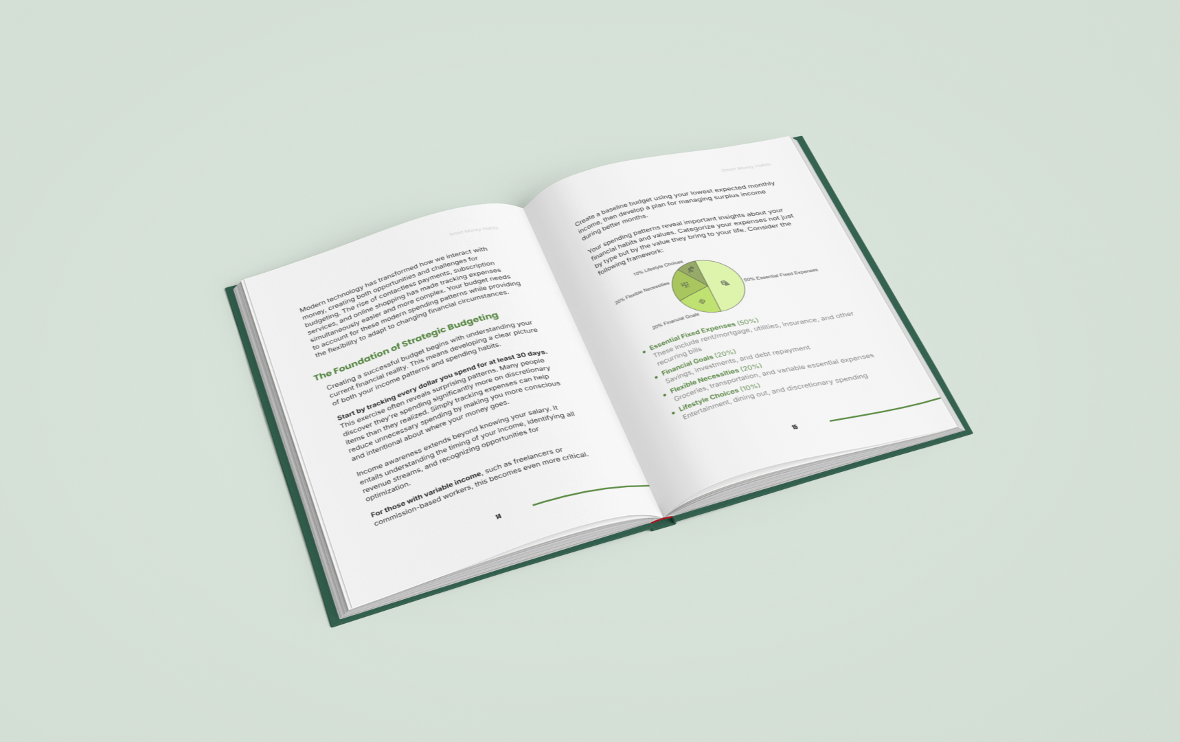 Open e-book featuring pages of a digital personal finance guide with informative charts and tips