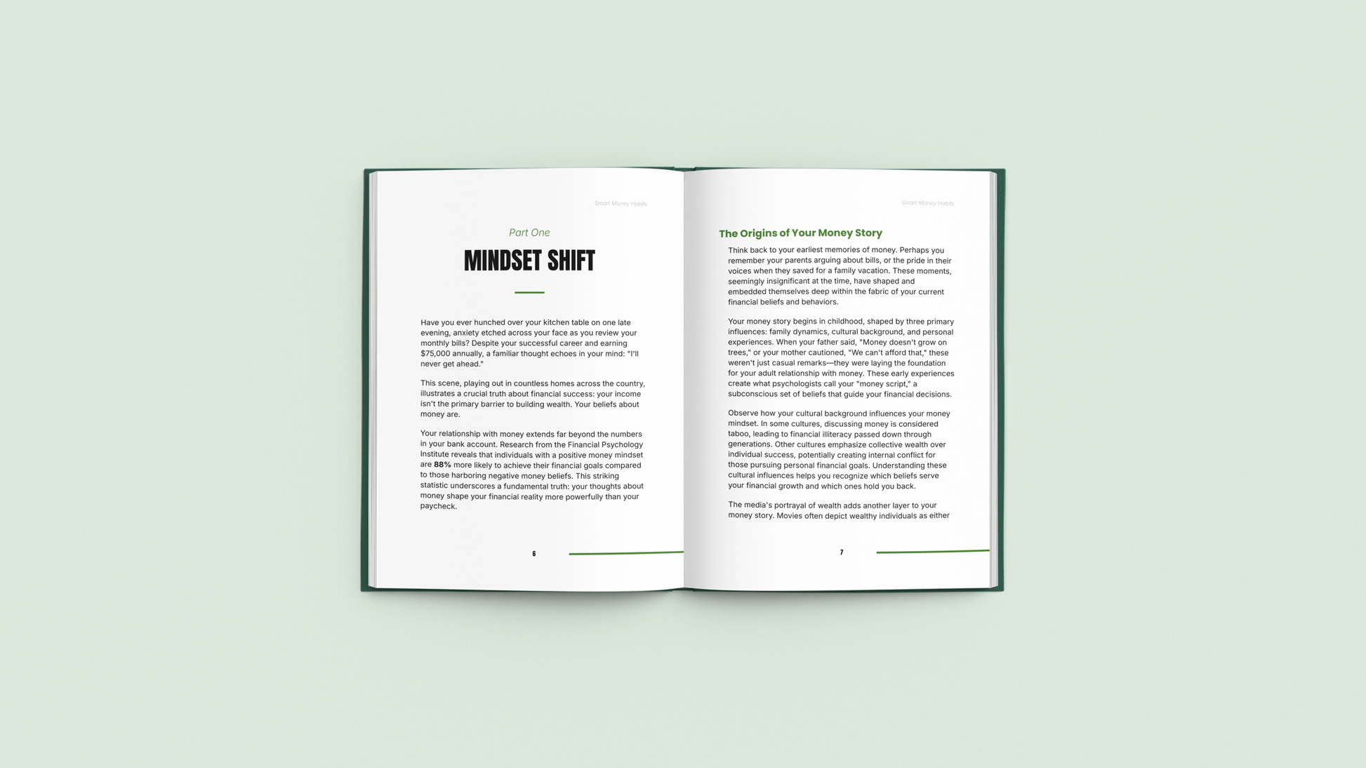Simplicity digital personal finance guide showcasing open pages with text and green accents