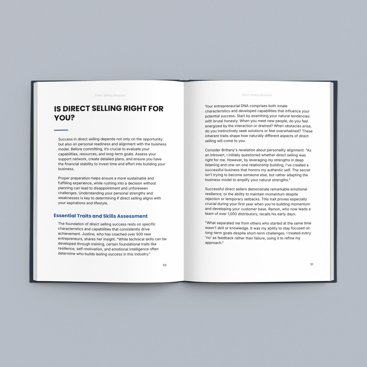 Open e-Book titled 'Direct Selling Guide' by Simplicity with insights on entrepreneurship and skills assessment