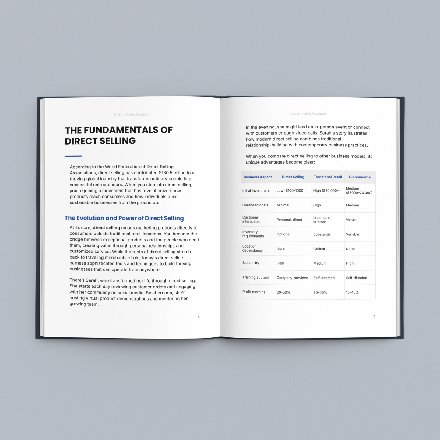 Open e-book featuring a direct selling guide with tips and charts on business models