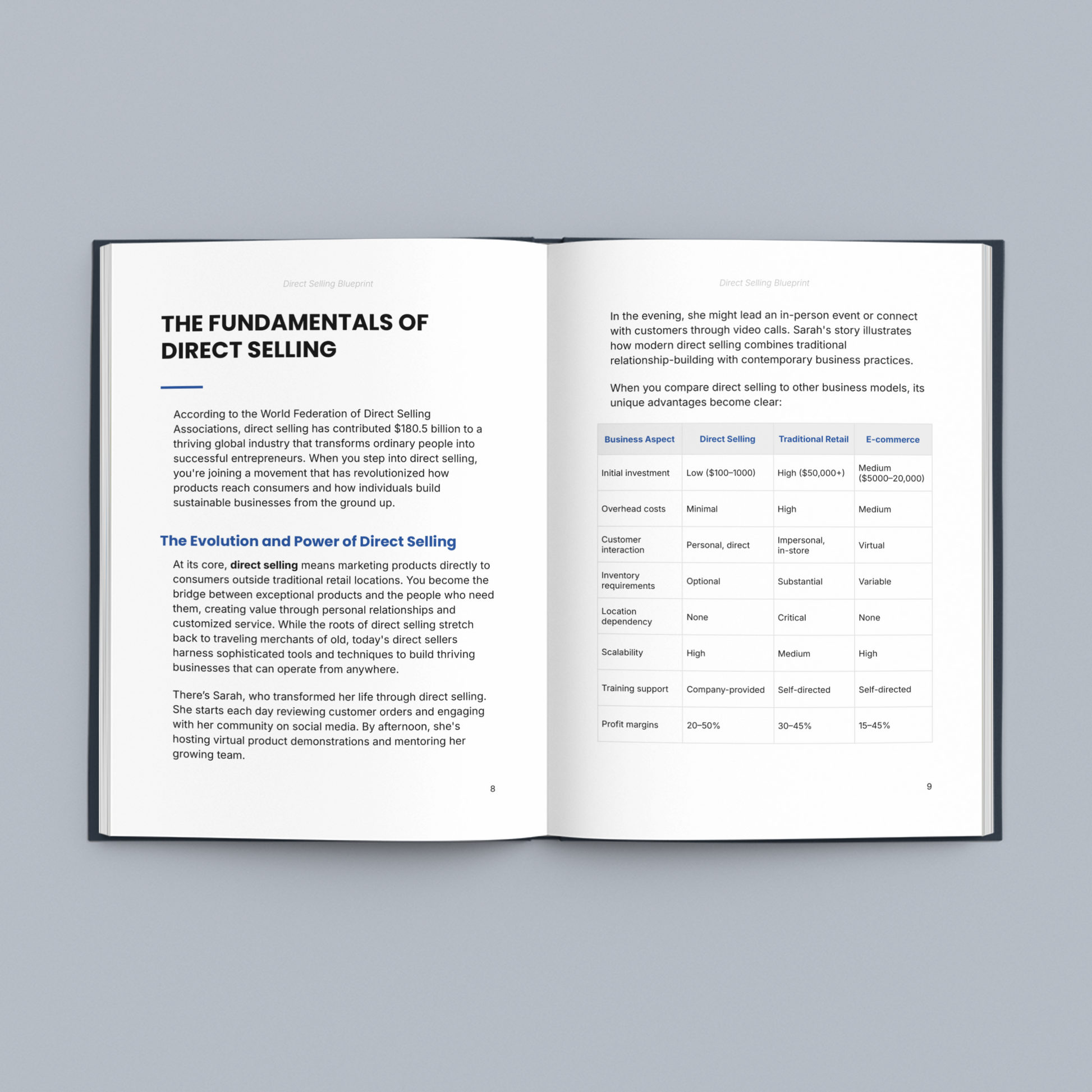 Open e-book featuring a direct selling guide with tips and charts on business models