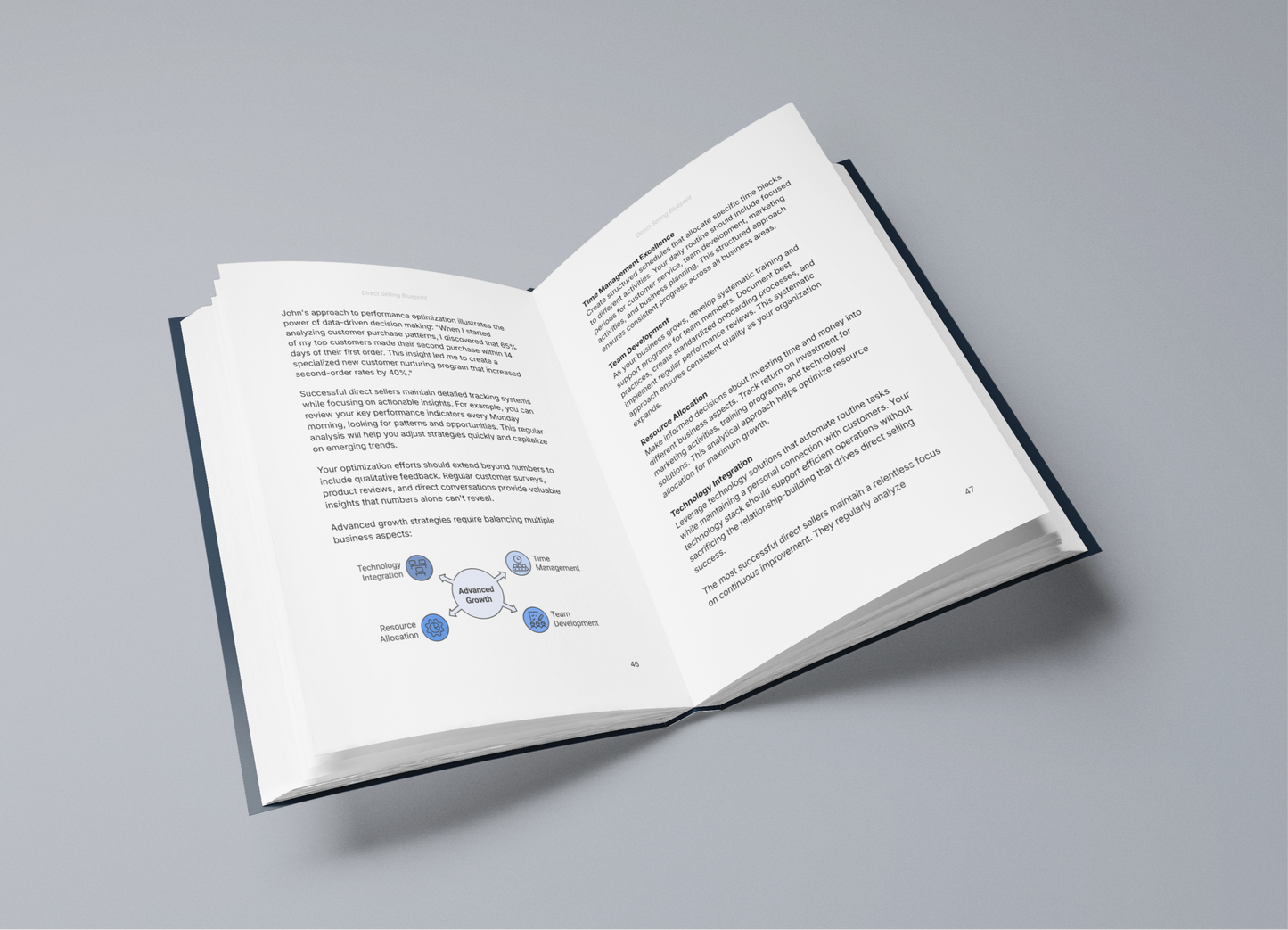 Simplicity E-Book opened to pages featuring a direct selling guide with diagrams and informative text