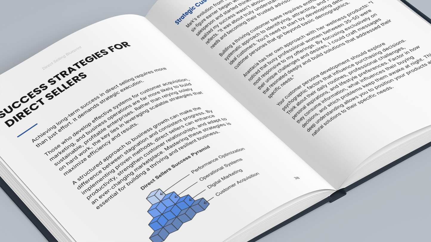 Open e-book titled 'Success Strategies for Direct Sellers' featuring a direct selling guide and insightful content