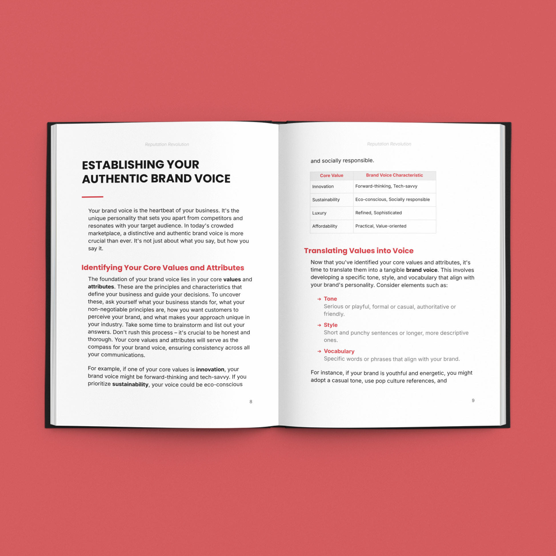 Simplicity e-Book on reputation marketing techniques showcasing brand voice and core values content